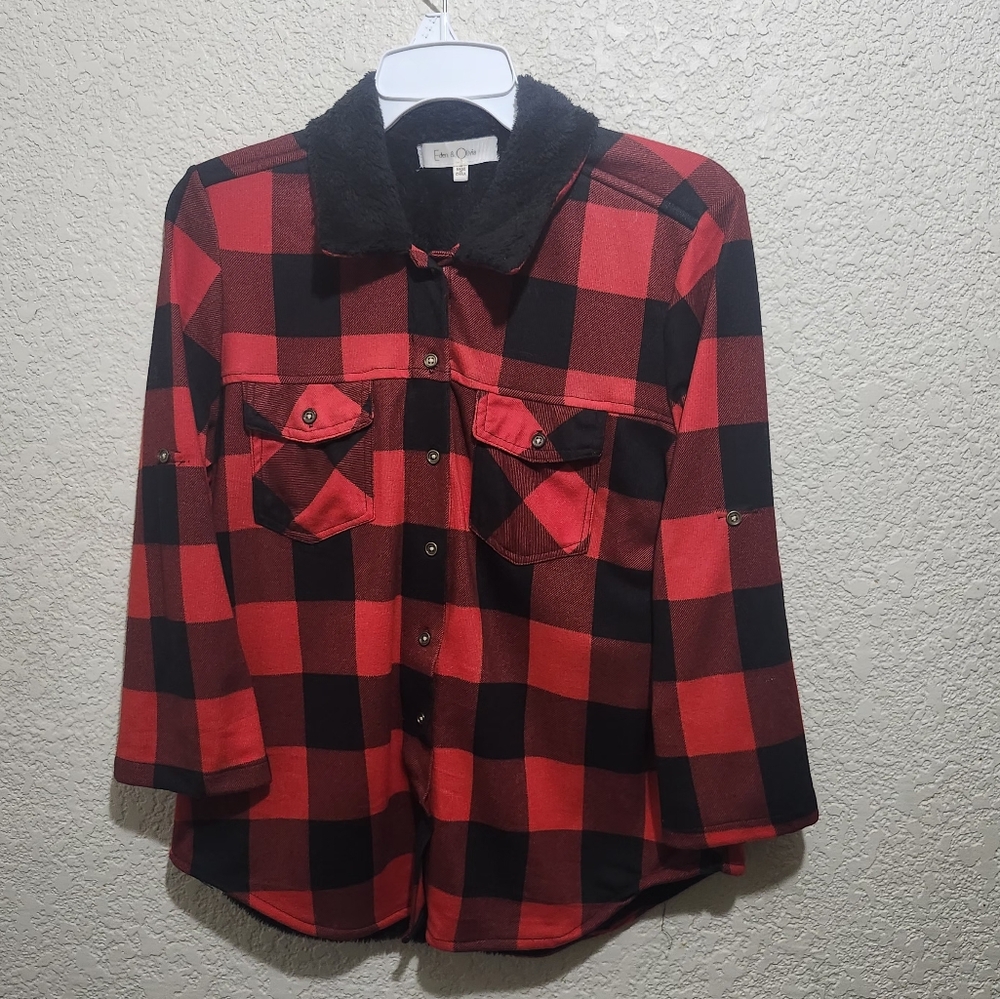 Eden & Olivia and Black Plaid Flannel Style Shirt with Black Faux Fur Collar